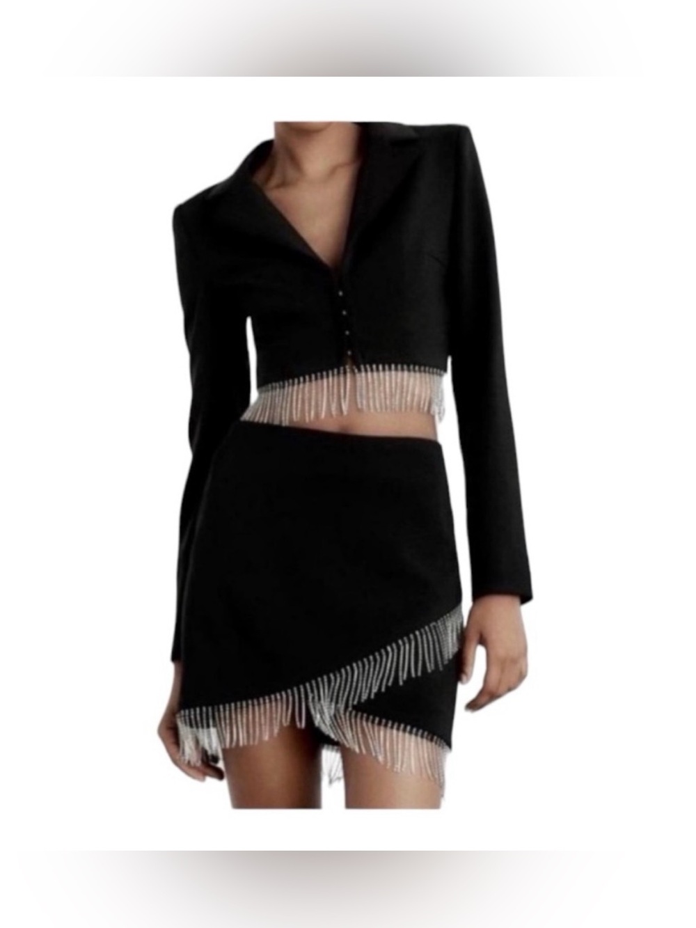 House of Harlow 1960 Black Set Jacket and Mini Skirt with Crystal Fringe